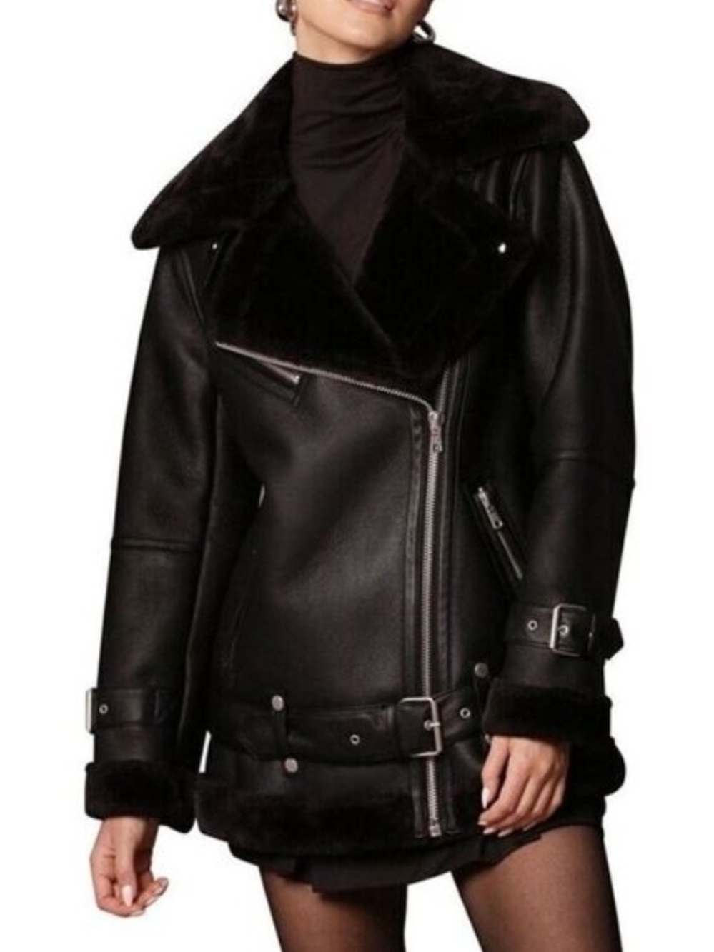 Avec Les Filles Oversized Faux Shearling Moto Jacket - Black (Size S)